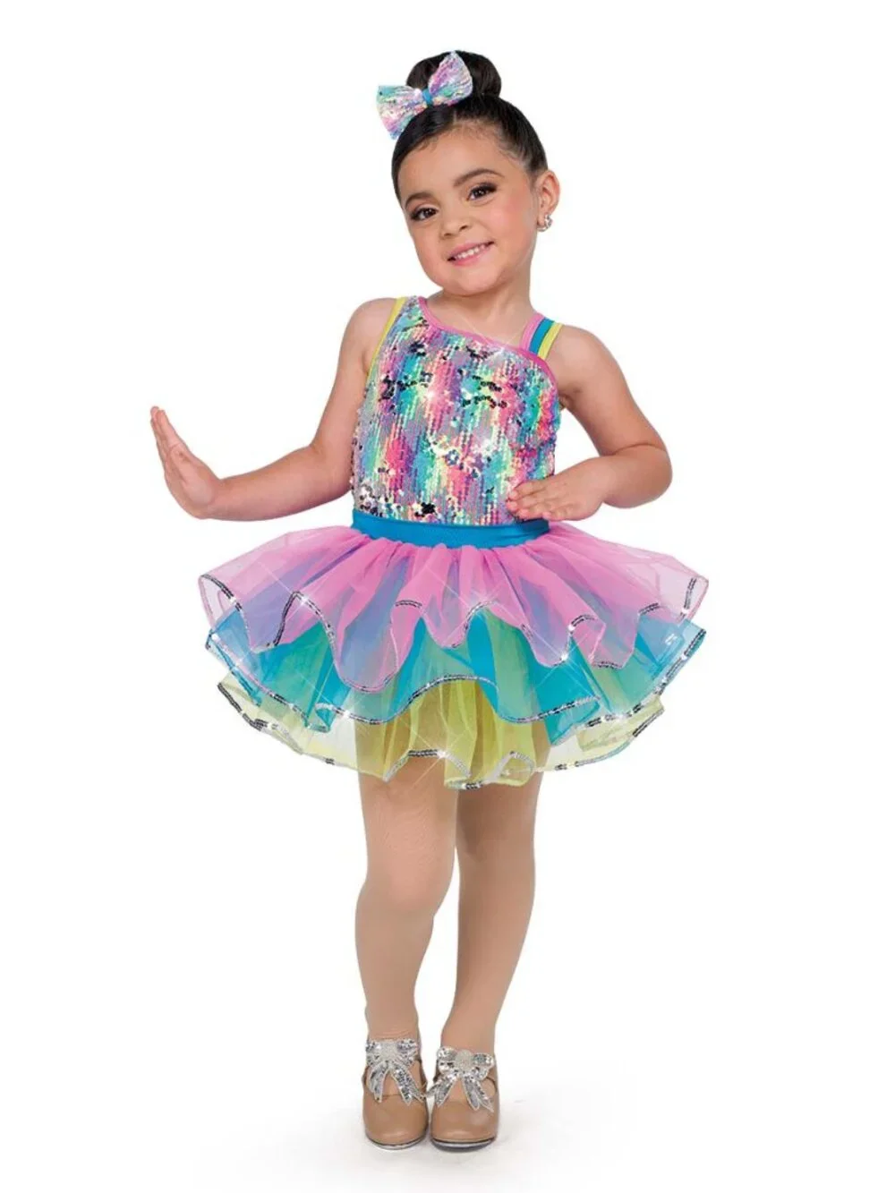 Rainbow Sequin Dance Tutu Costume and Bow. A Wish Come True. Sugar Rush.